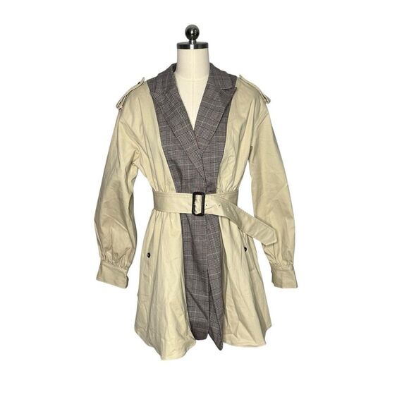 L’ATISTE Tan Plaid Belted Mini Trench Coat | Size L - Picture 5 of 10